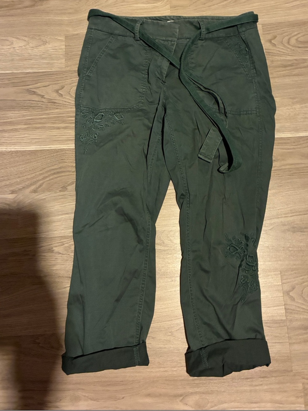 LOFT Olive Green Cropped Embroidered Utility Pants